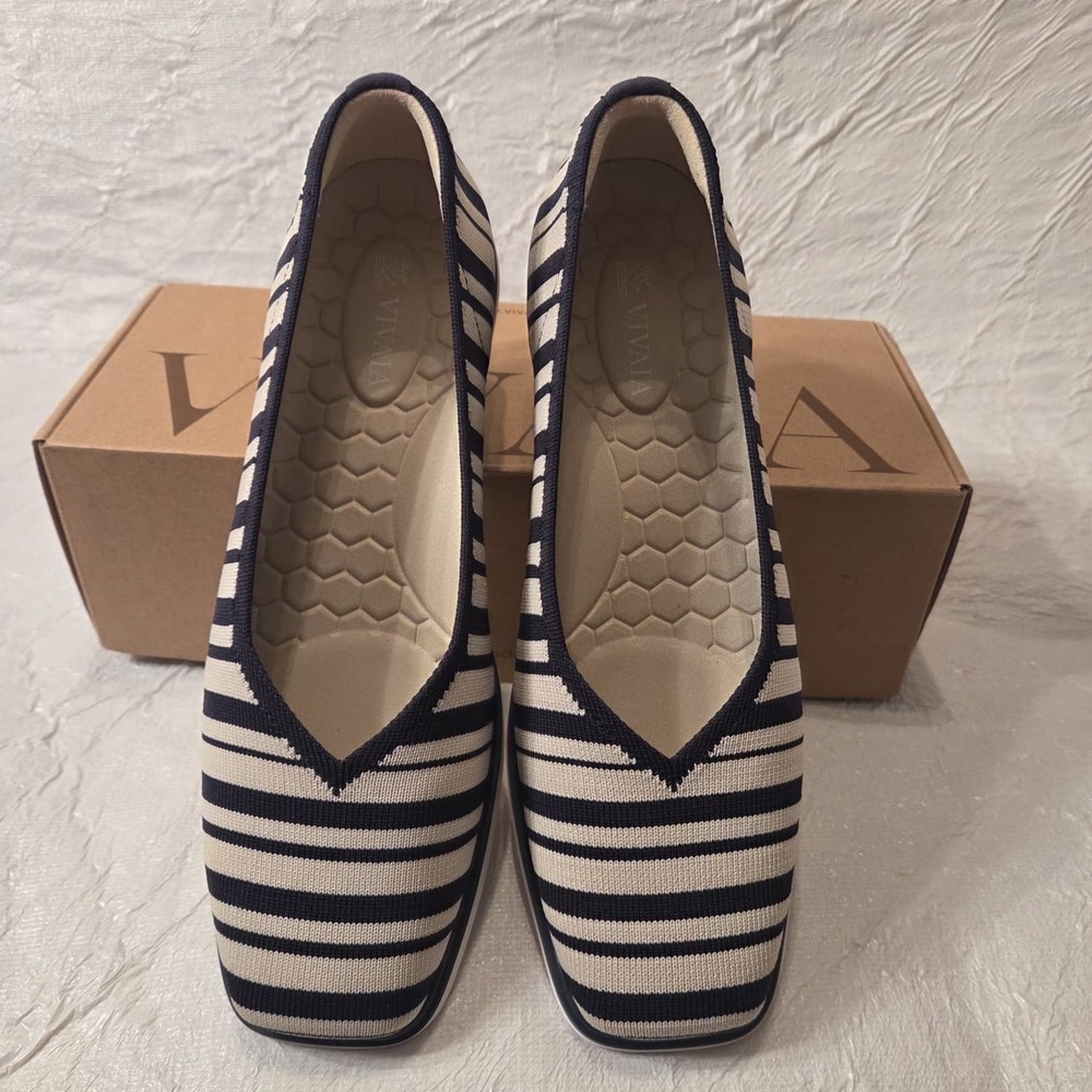 VIVAIA Navy Cream Striped Square Toe All-Day Standing Flats EU 39 US 8 - Picture 4 of 16